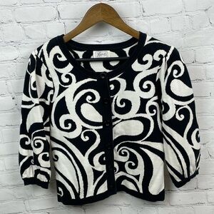 FoxCroft Black/White 3/4 Blouson Sleeve Cardigan Sweater w/Abstract Pattern XS